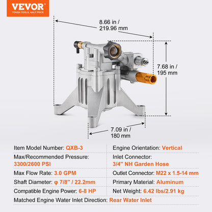 Hochdruckreinigerpumpe, 22 mm (7/8") Schaft, vertikal, 227 bar (3300 PSI), 11 l/min (3,0 GPM), Ersatz-Hochdruckreinigerpumpen-Set mit 5 Düsen, Befestigungsmaterial und Ansaugschlauch, kompatibel mit RYOBI, Honda, Briggs &amp; Stratton