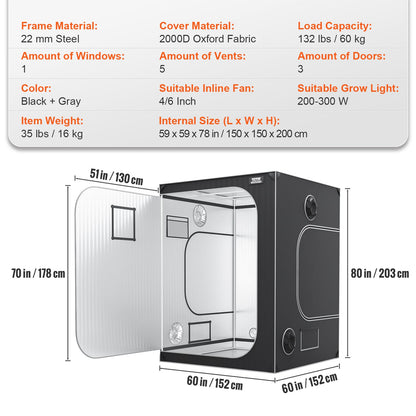 5x5 Growzelt, 1828,8 x 1828,8 x 2438,4 cm, hochreflektierendes 2000D Mylar Hydroponik-Zelt mit Sichtfenster, Werkzeugtasche und Bodenwanne für den Anbau von Zimmerpflanzen
