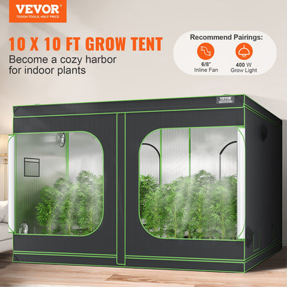 10x10 Grow Tent, 120'' x 120'' x 80'', High Reflective 600D Mylar Hydroponic Growing Tent with Observation Window, Tool Bag and Floor Tray for Indoor Plants Growing